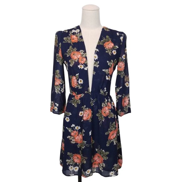 Reformation Deep V Front Navy Blue Floral Dress Sz 0 - Picture 1 of 9